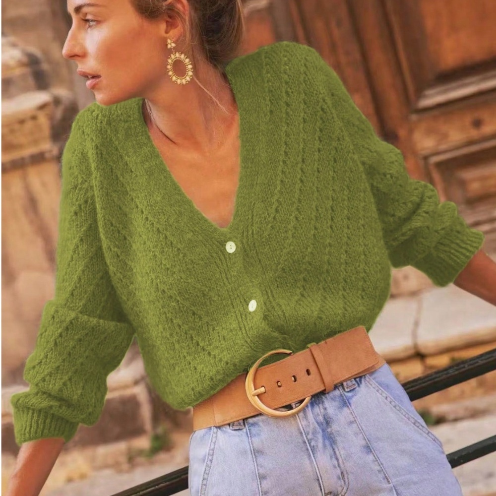 V-Cut Buttoned Down Green Knit Cardigan Textured, Long Sleeve